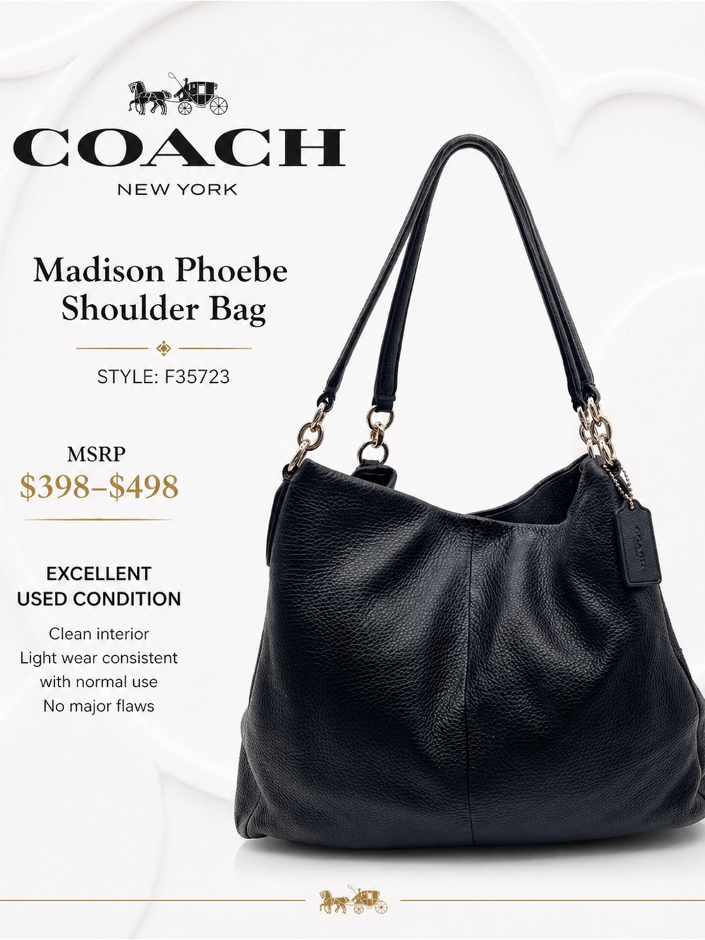 Coach Madison Phoebe Black Leather Shoulder Bag with Chain Accents